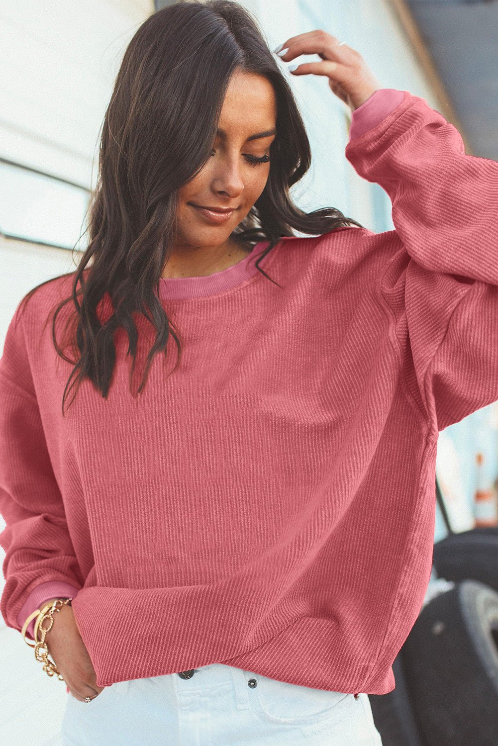 Apricot Drop Shoulder Rib Knit Oversized Sweatshirt