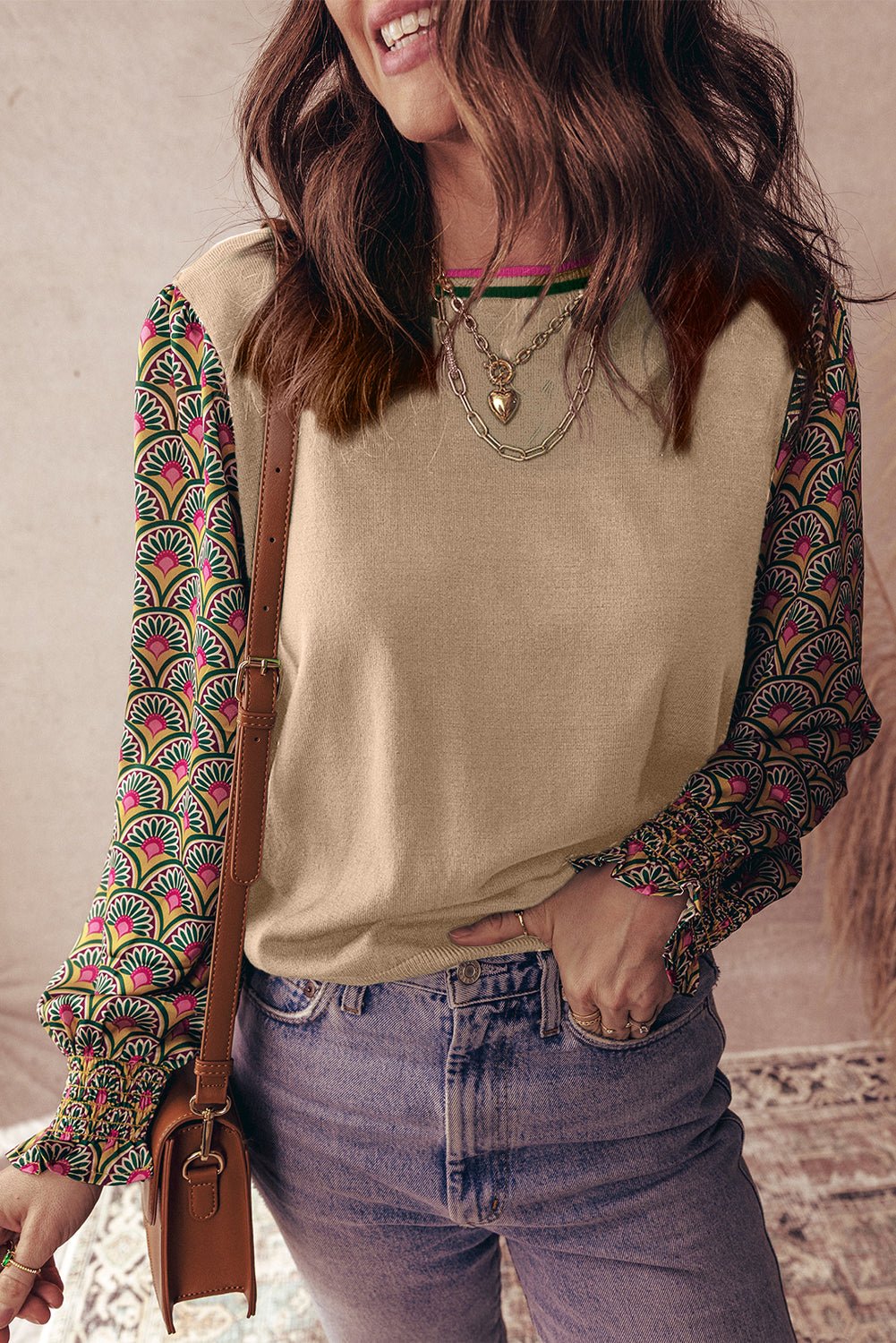 Apricot Floral Patchwork Shirred Cuff Puff Sleeve Sweater
