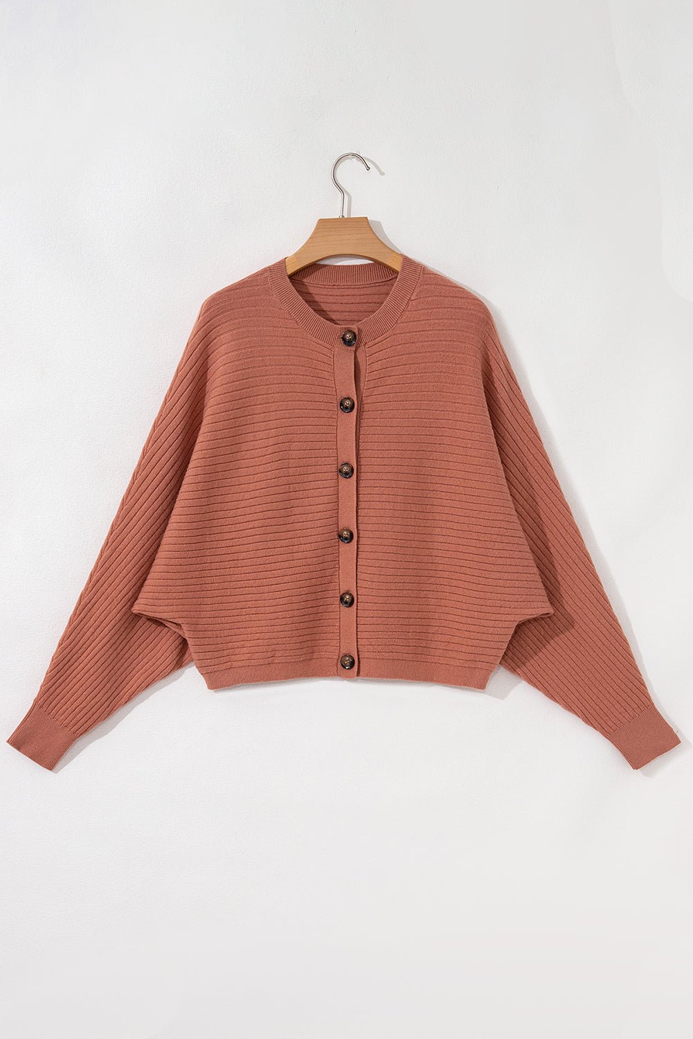 Apricot Pink Rib Knit Button Front Dolman Sleeve Cardigan