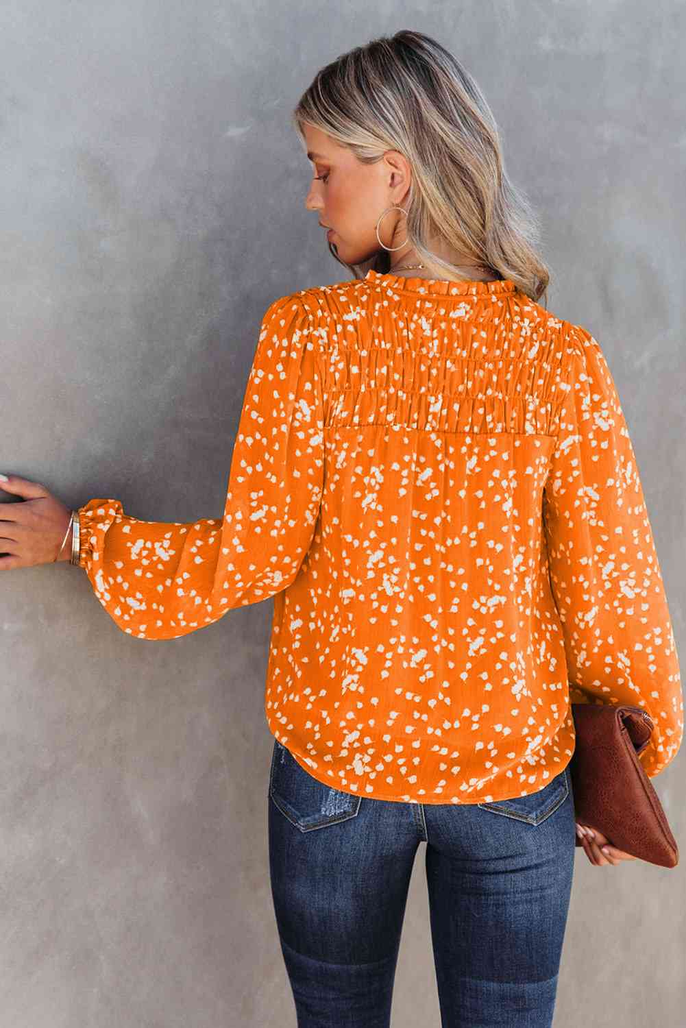 Printed Notched Neck Smocked Blouse