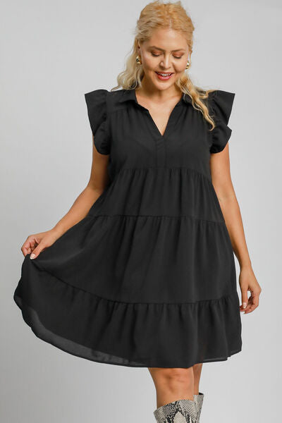 Full Size Johnny Collar Ruffle Cap Sleeve Tiered Dress Plus Size