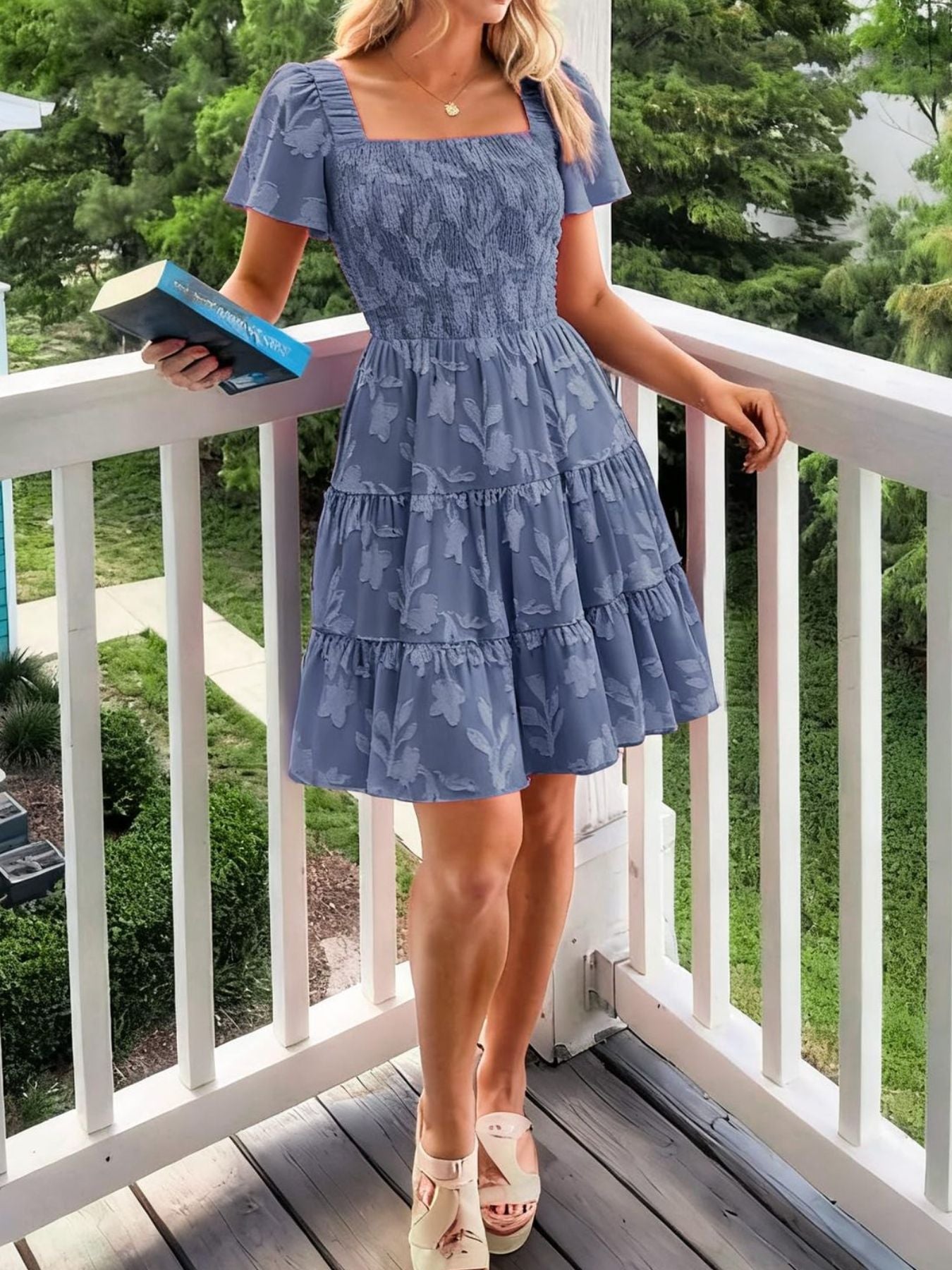Tiered Square Neck Short Sleeve Dress
