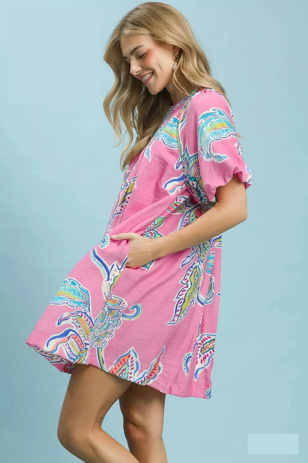 Boho Floral Print Mini Dress with Pockets