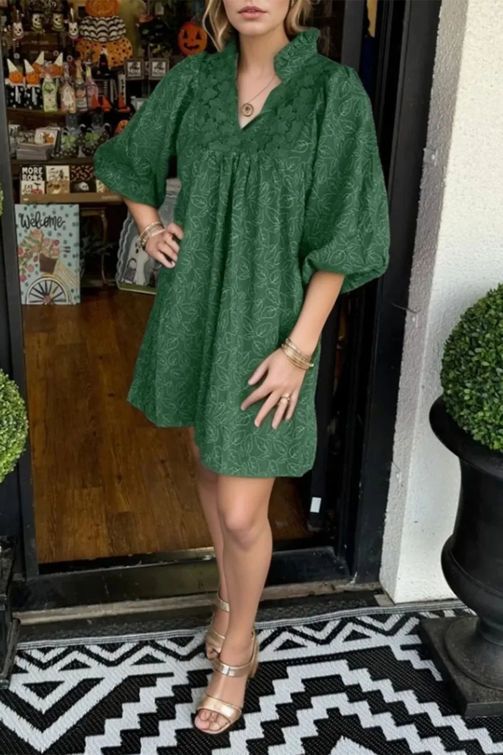 Lace Detail Notched Half Sleeve Mini Dress