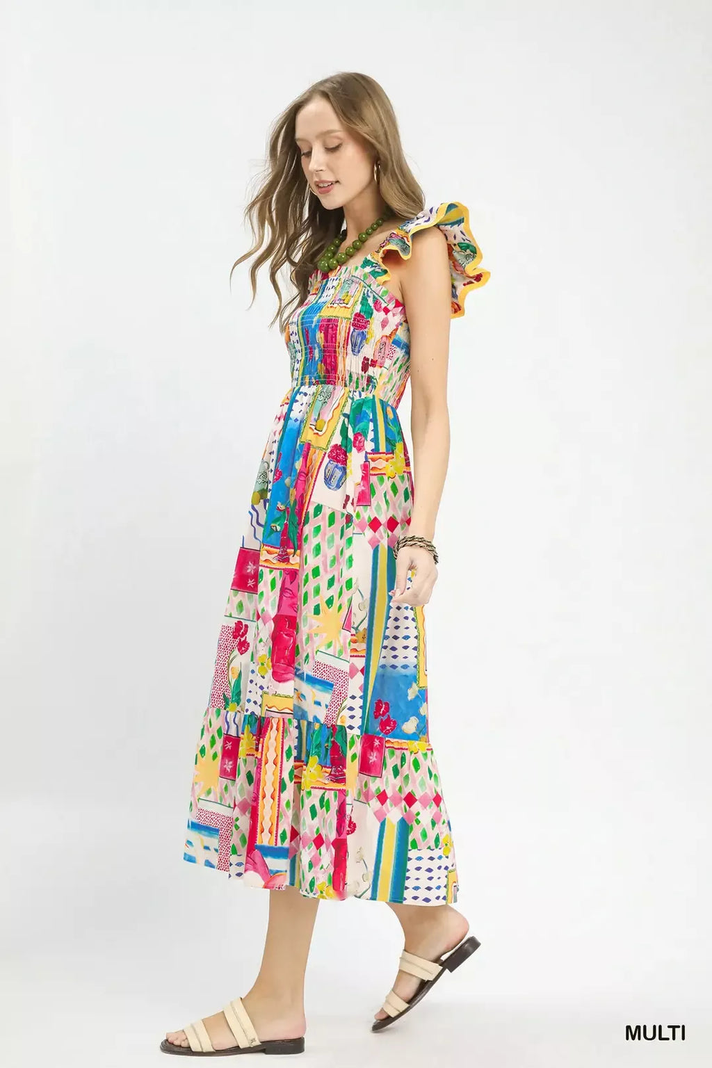 Abstract Print Smocked Ruffle Sleeve Tiered Midi Dress