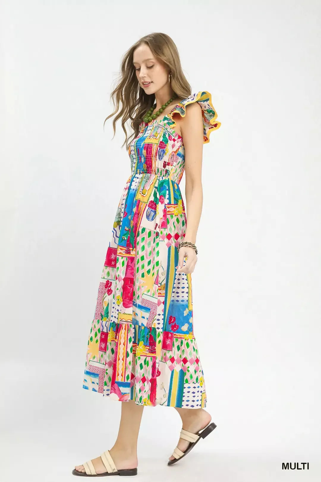 Abstract Print Smocked Ruffle Sleeve Tiered Midi Dress