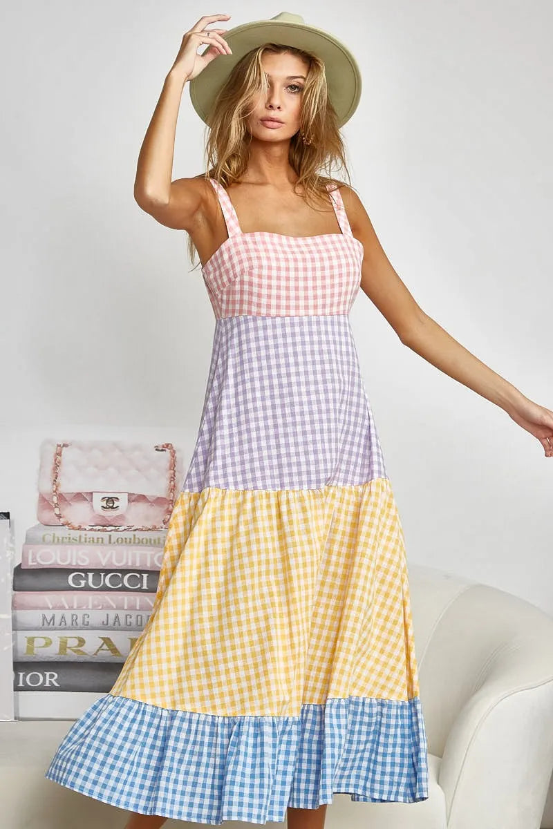 Color Block Tiered Gingham Dress