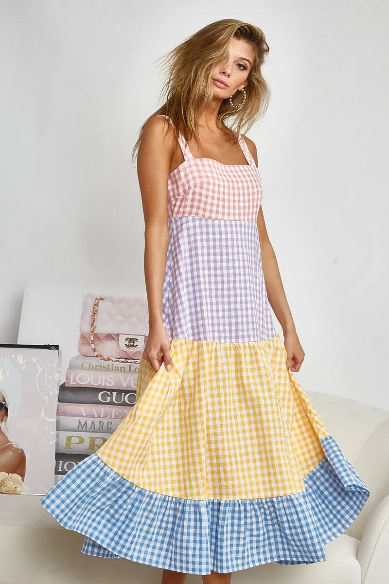 Color Block Tiered Gingham Dress