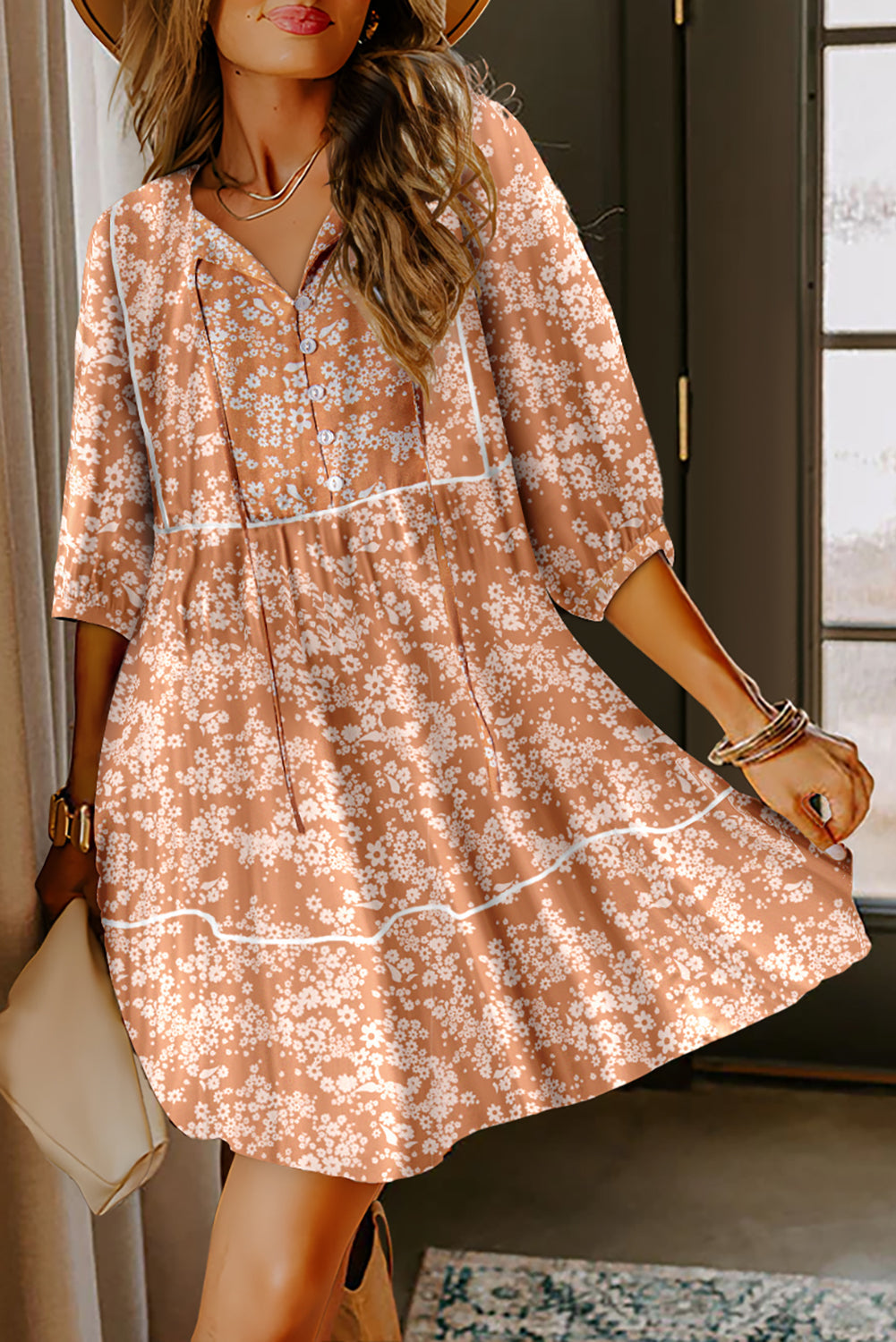 Yellow Floral Print Contrast Trim Button Tie Neck Swing Dress