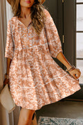 Yellow Floral Print Contrast Trim Button Tie Neck Swing Dress