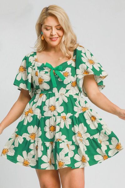 Full Size Daisy Print Mini Dress with Ribbon Details Plus Size