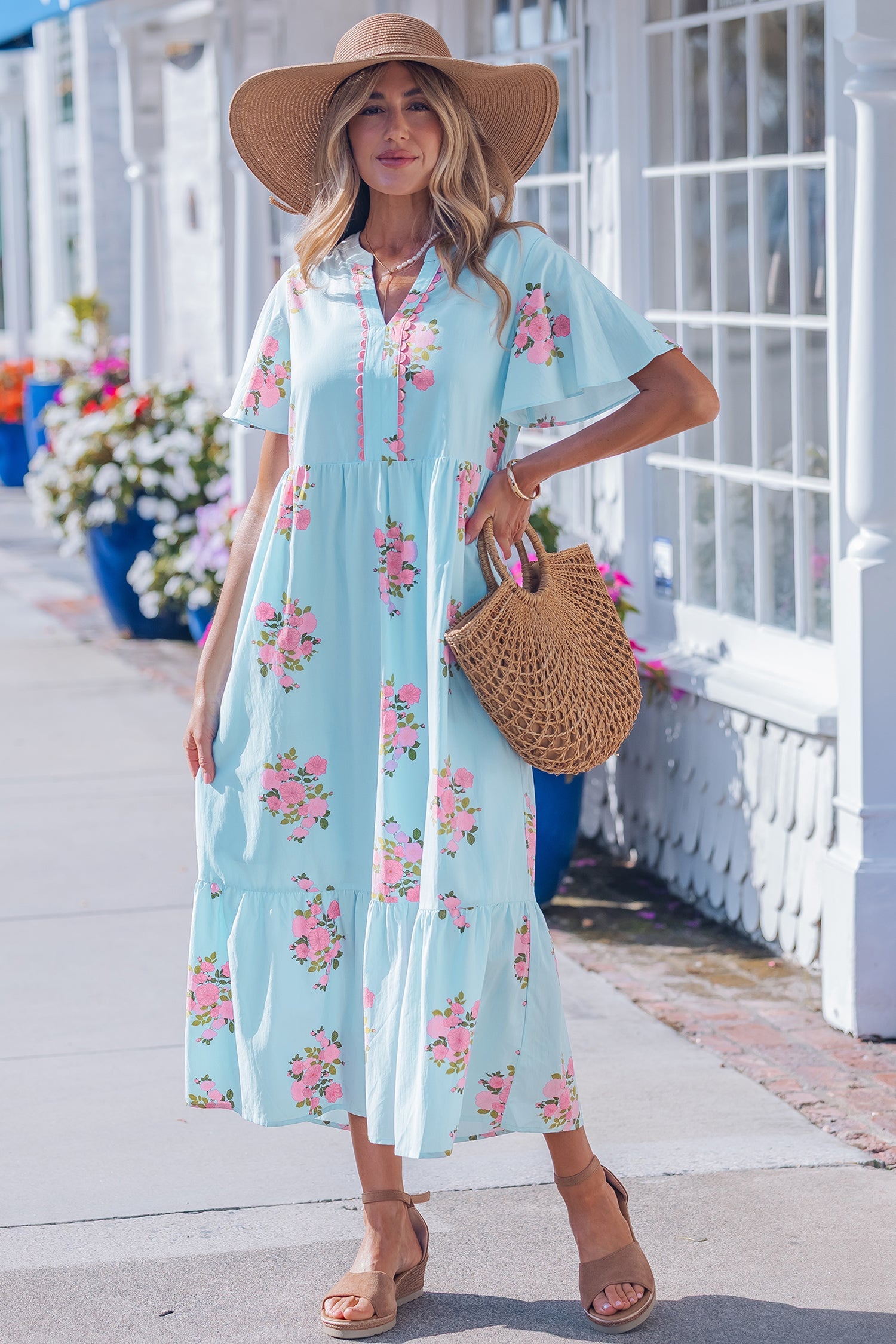 Pink Notched Neck Flutter Short Sleeve Floral Print Maxi Dress