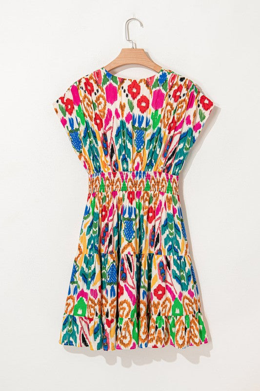 Abstract V-Neck Dolman Sleeve Ruffle Mini Dress
