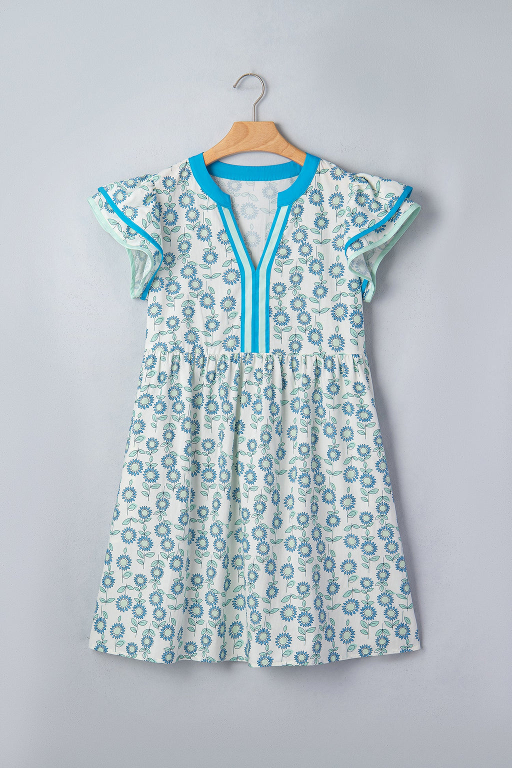 Sky Blue Floral Print Contrast Trim Flutter Sleeve Mini Dress