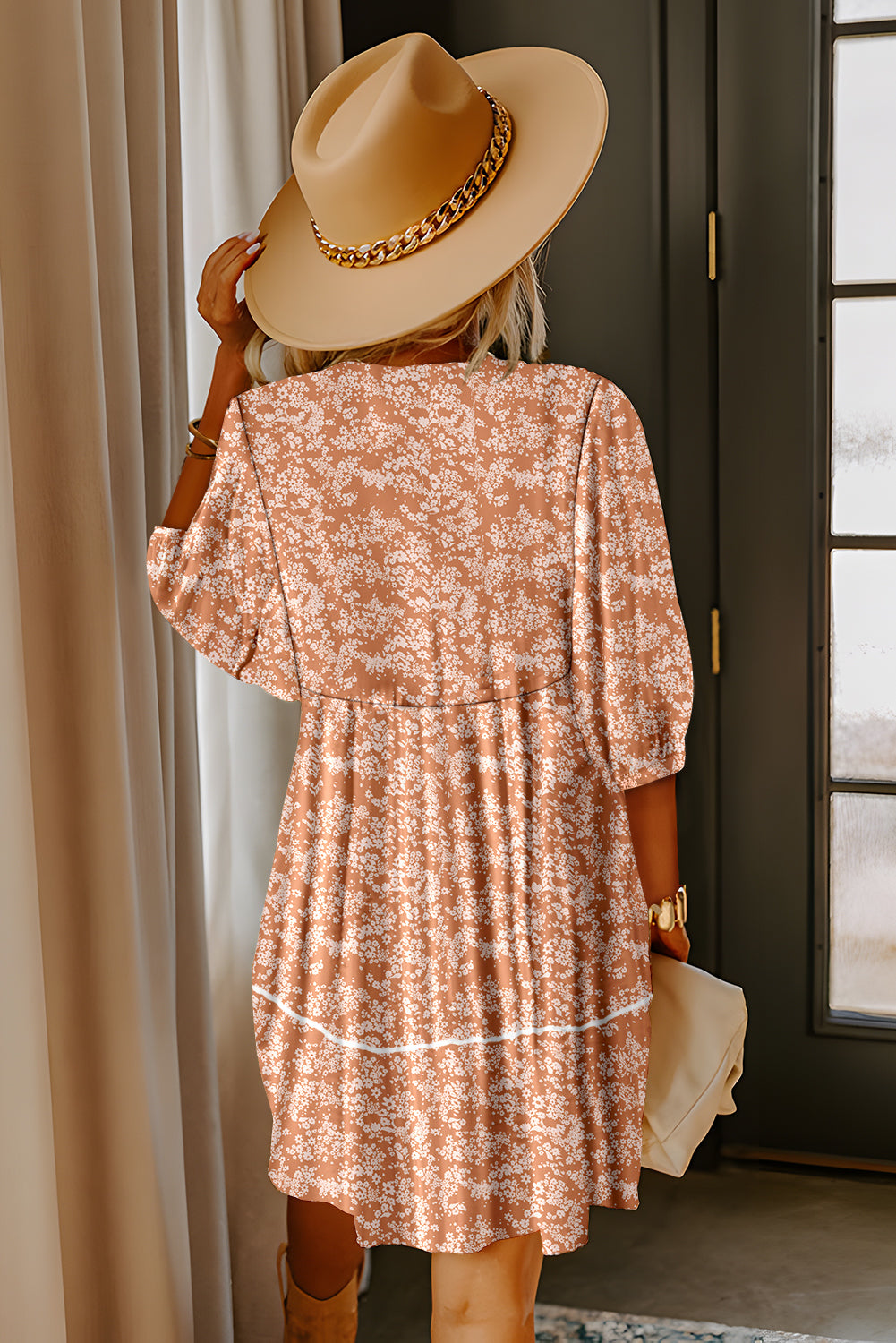 Yellow Floral Print Contrast Trim Button Tie Neck Swing Dress