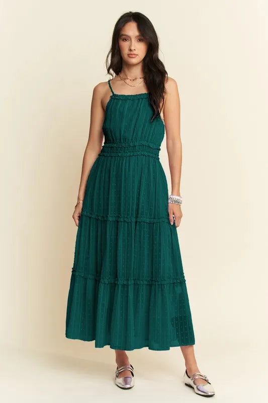 Texture Swiss Dot Ruffle Square Neck Midi Dress