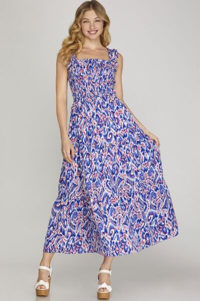 Full Size Smocked Printed Wide Strap Tiered Dress Plus Size