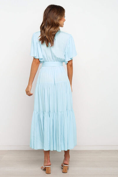 Tied Back Tiered Short Sleeve Midi Dress