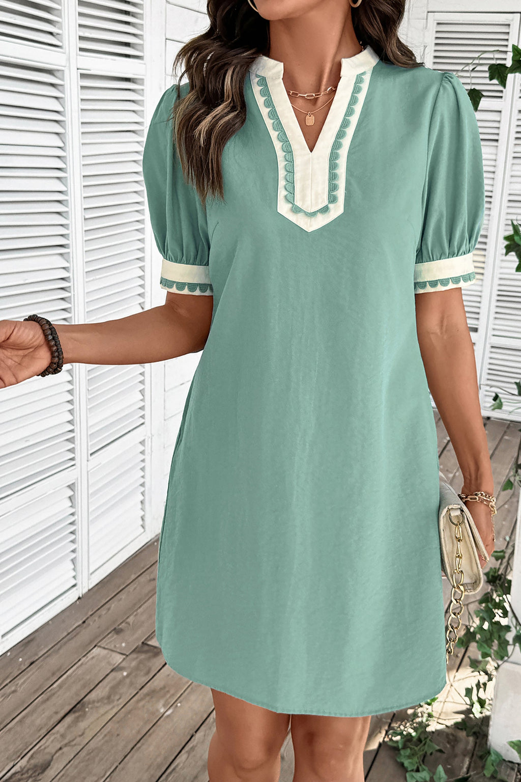 Light Pink Scallop Color Block Trim Puff Sleeve Mini Dress