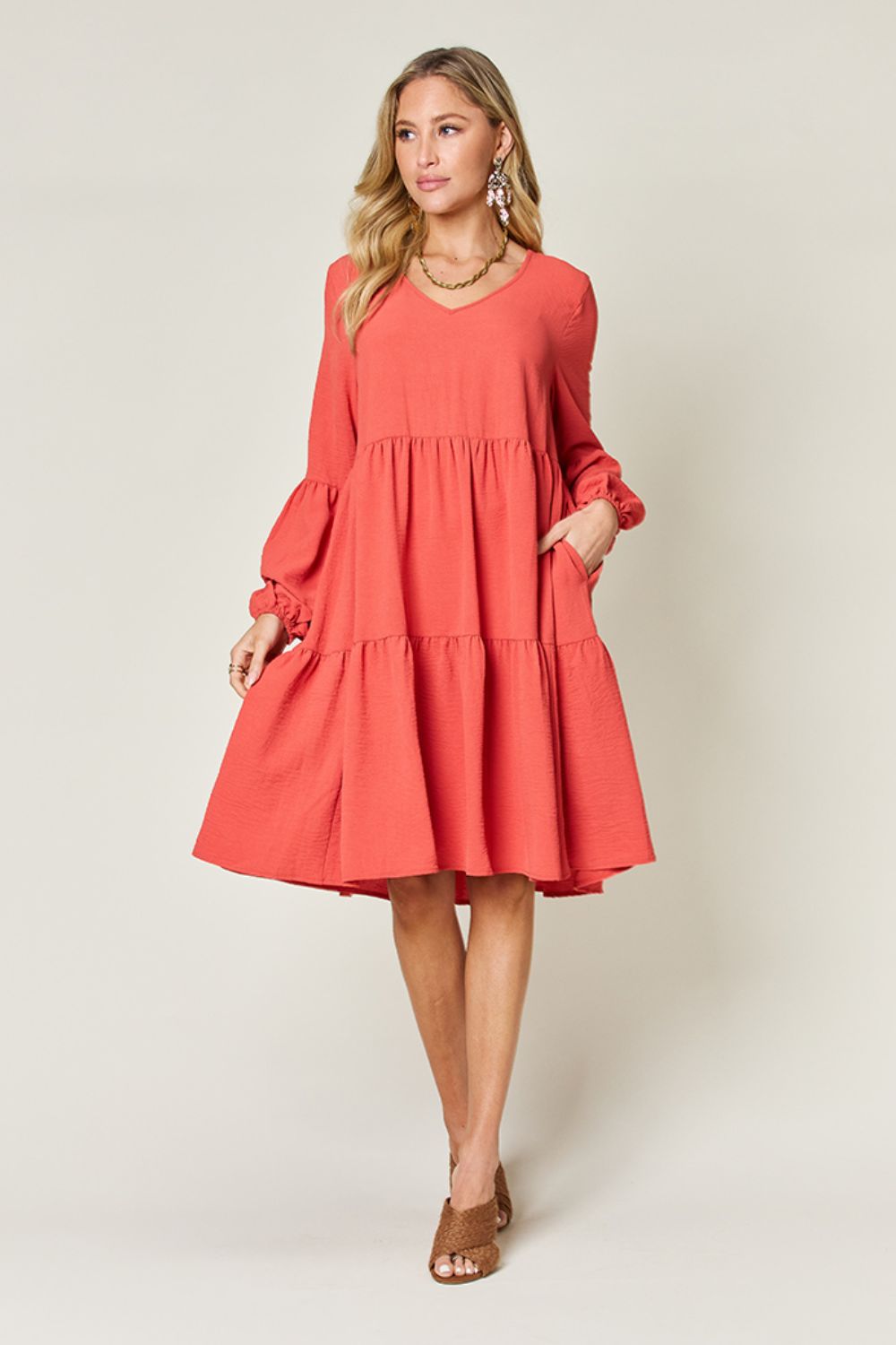 Full Size V-Neck Balloon Sleeve Tiered Dress