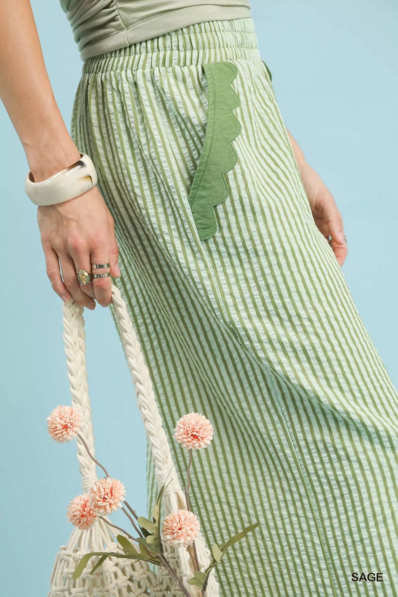 Stripe Scallop Hem Wide Leg Pants