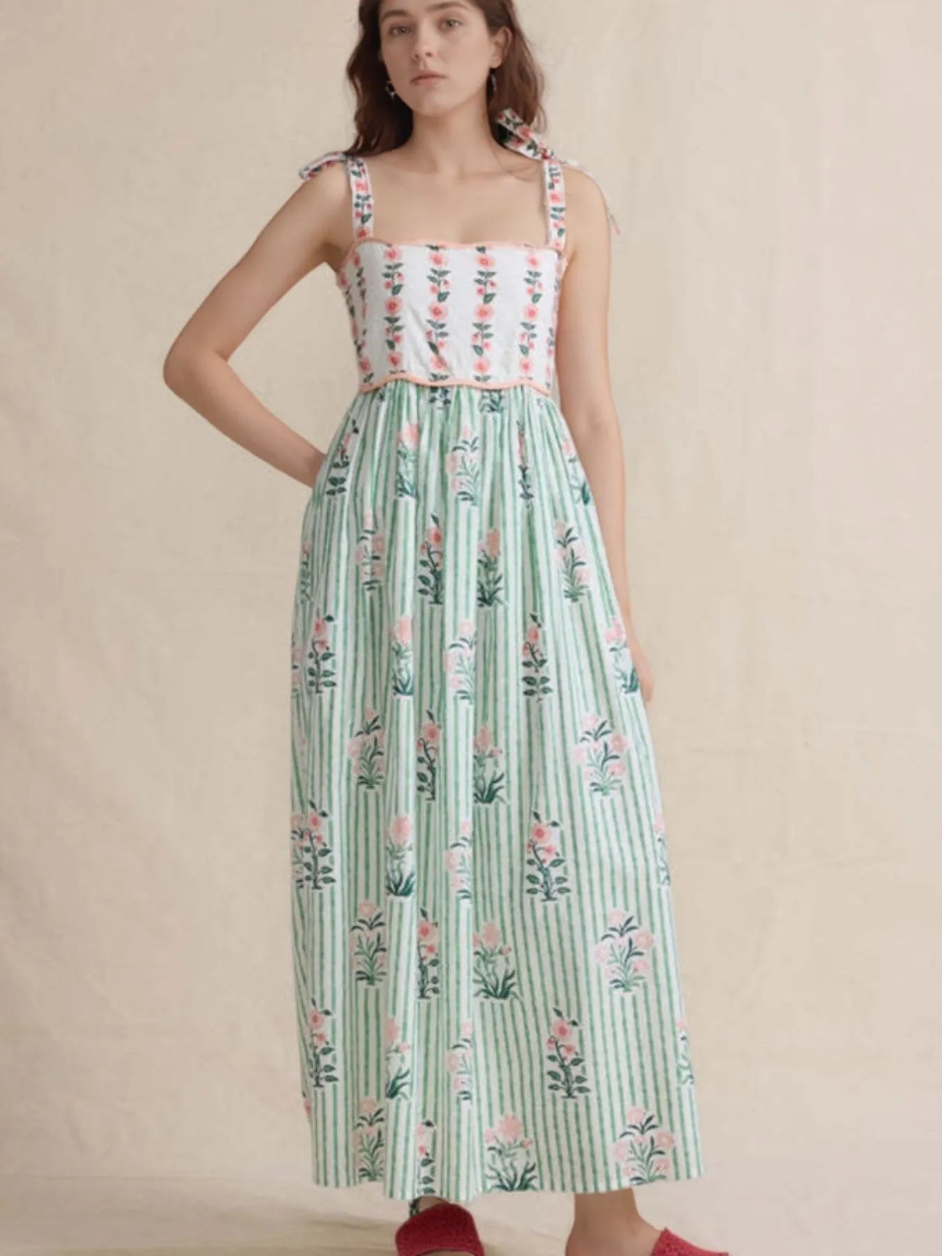 Floral Striped Maxi Cami Dress with Tie Straps
