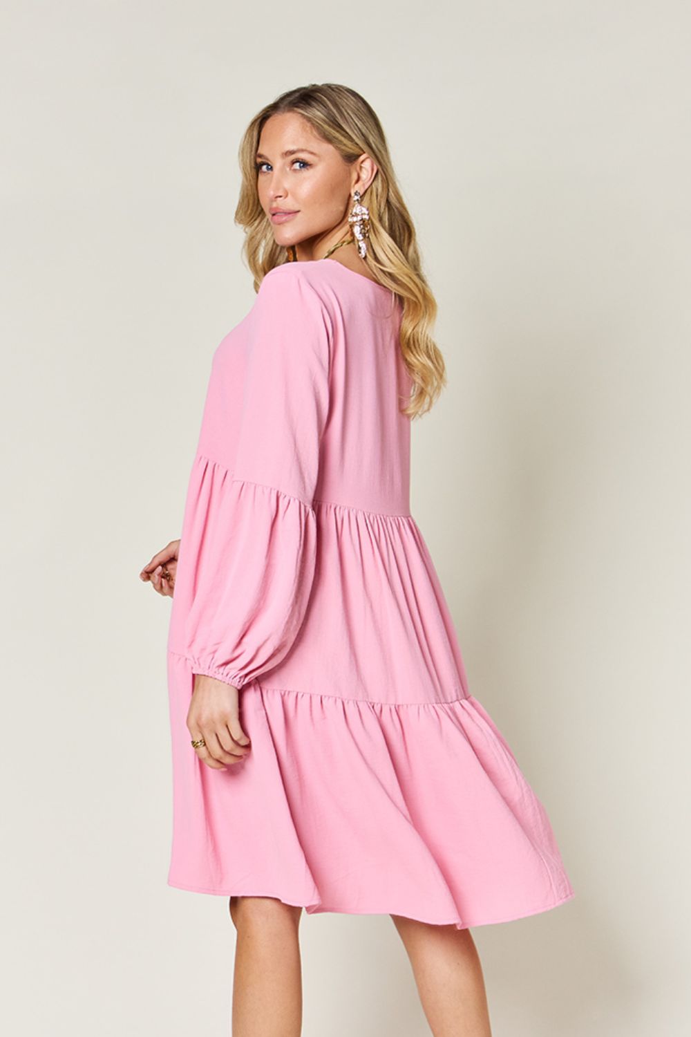 Full Size V-Neck Balloon Sleeve Tiered Dress