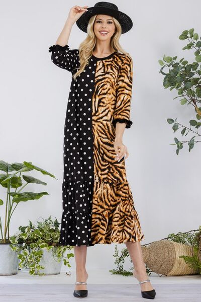 Full Size Polka Dot & Leopard Round Neck Midi Dress Plus Size