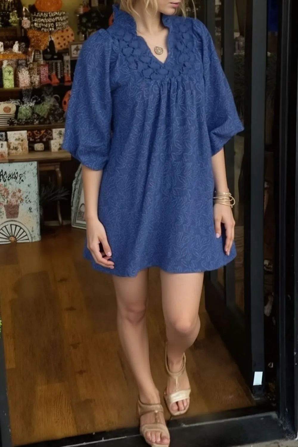 Lace Detail Notched Half Sleeve Mini Dress