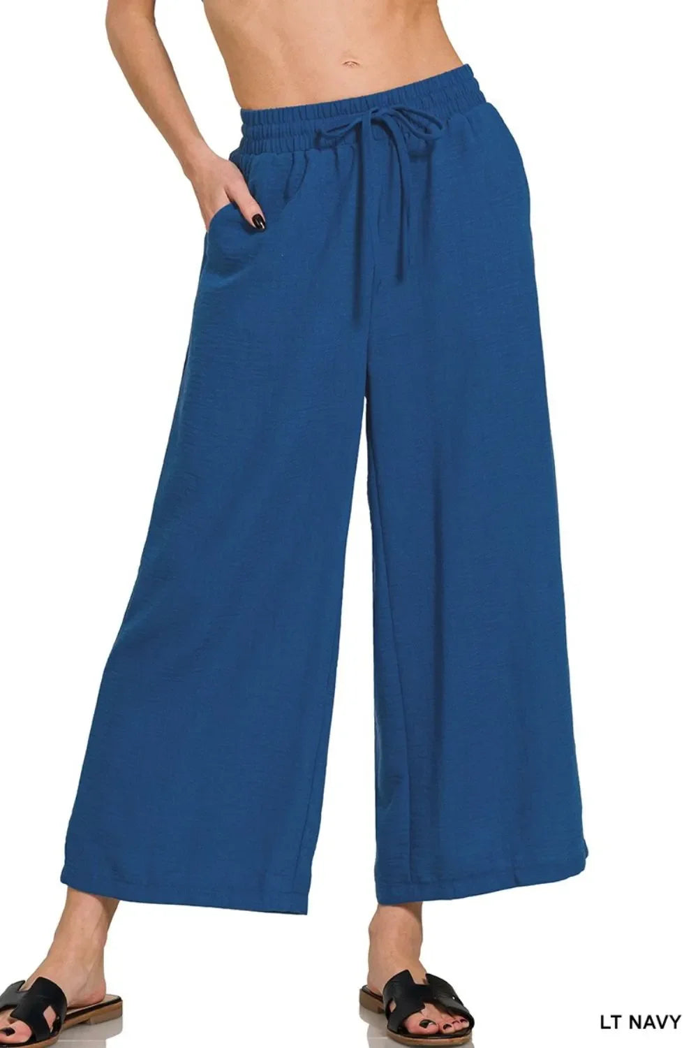 Woven Crepe Elastic Band Waist Cropped Pants