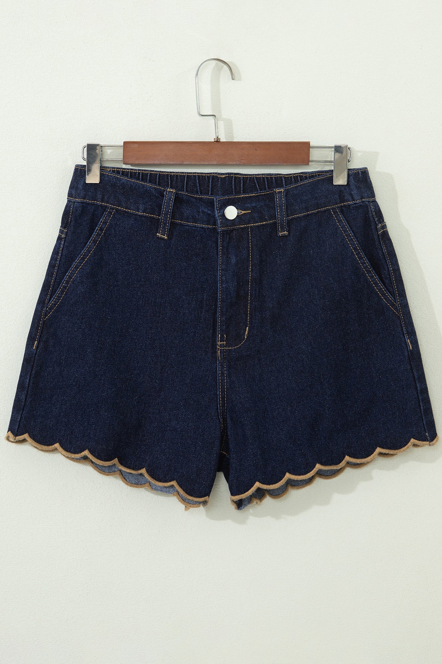 Black Embroidered Scalloped Trim Relaxed Denim Shorts