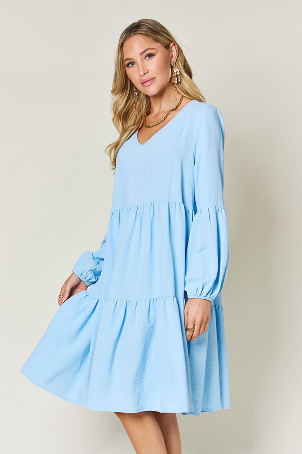 Full Size V-Neck Balloon Sleeve Tiered Dress