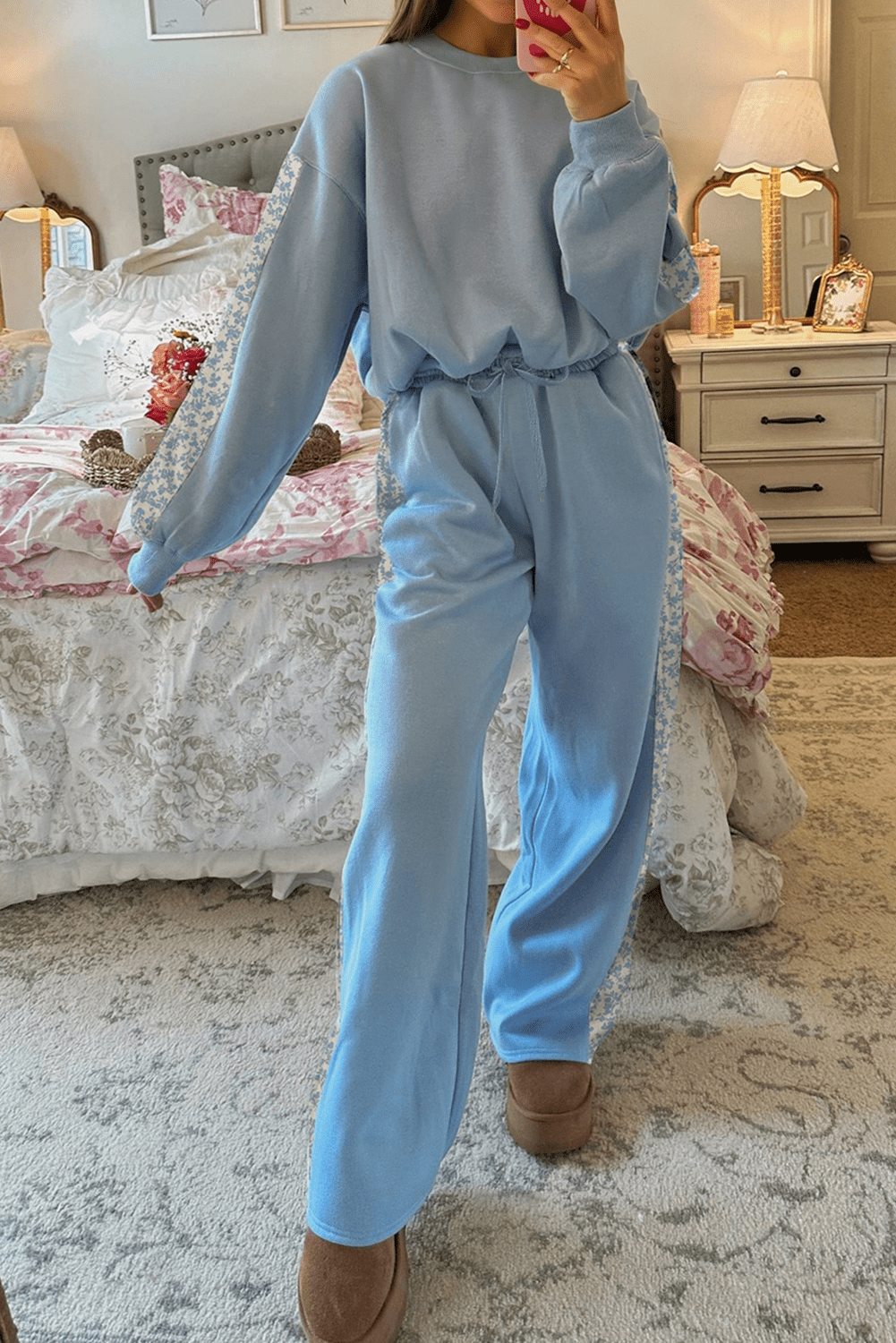Beau Blue Floral Patchwork Drop Shoulder Pullover and Sweatpants Lounge Set