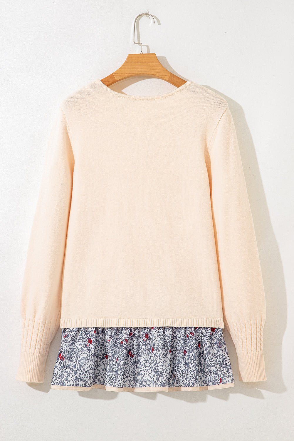 Beige Bohemian Floral Ruffle Hem Patchwork Knit Sweater