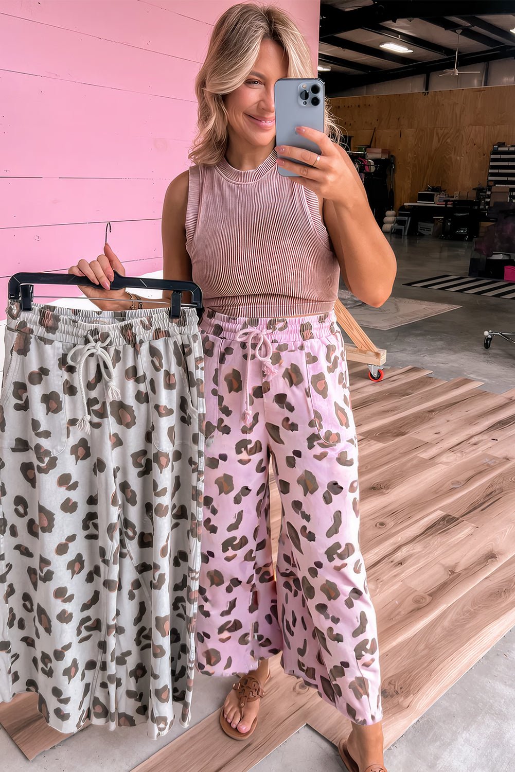Beige Drawstring Leopard Print Patch Pocket Loose Pants