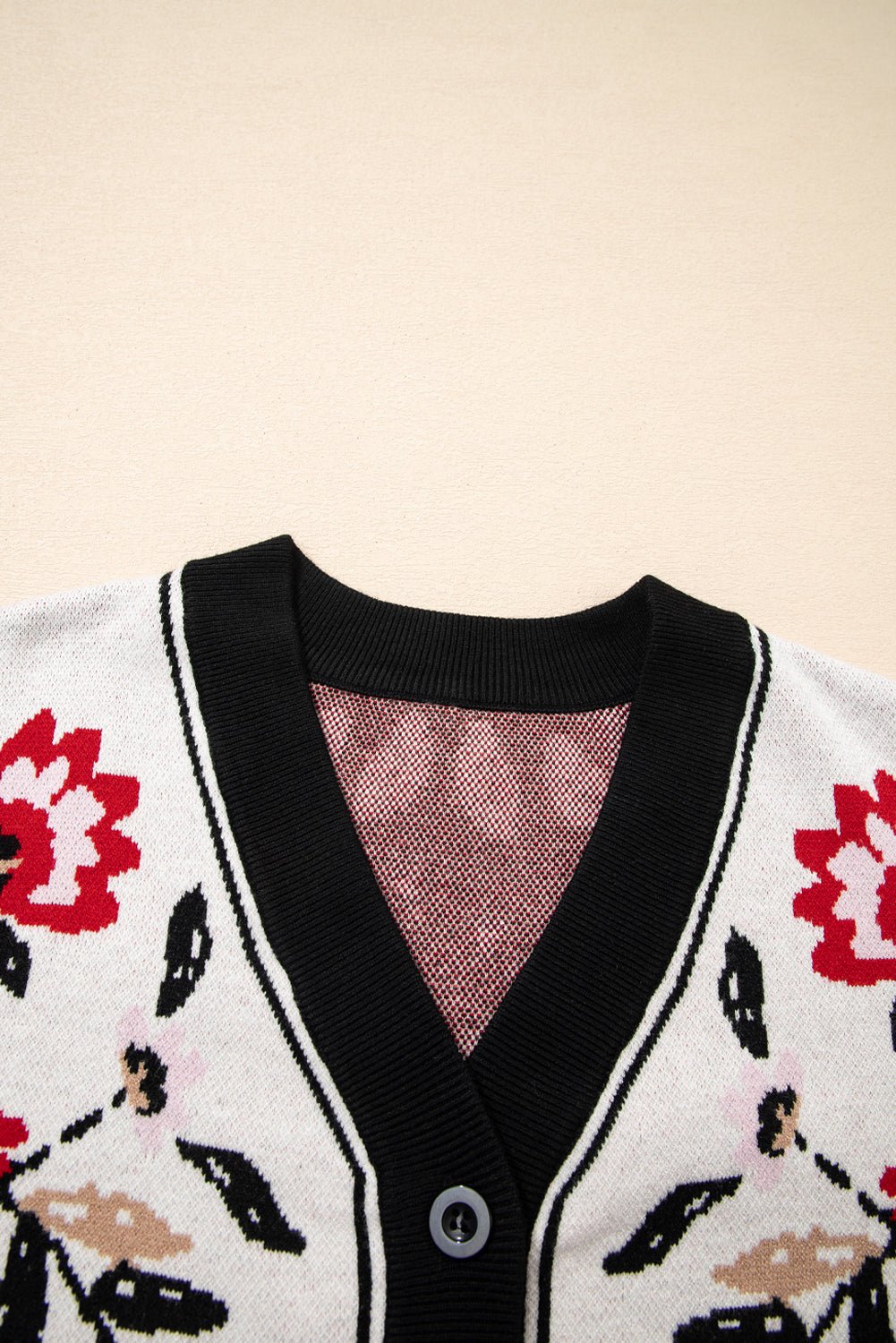 Beige Floral Print Button Front V Neck Contrast Trim Cardigan