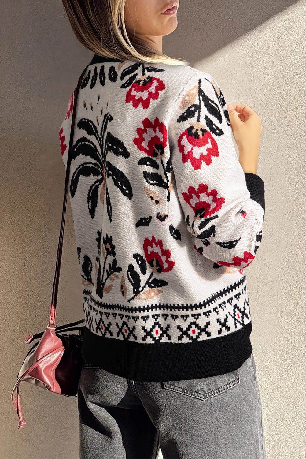 Beige Floral Print Button Front V Neck Contrast Trim Cardigan