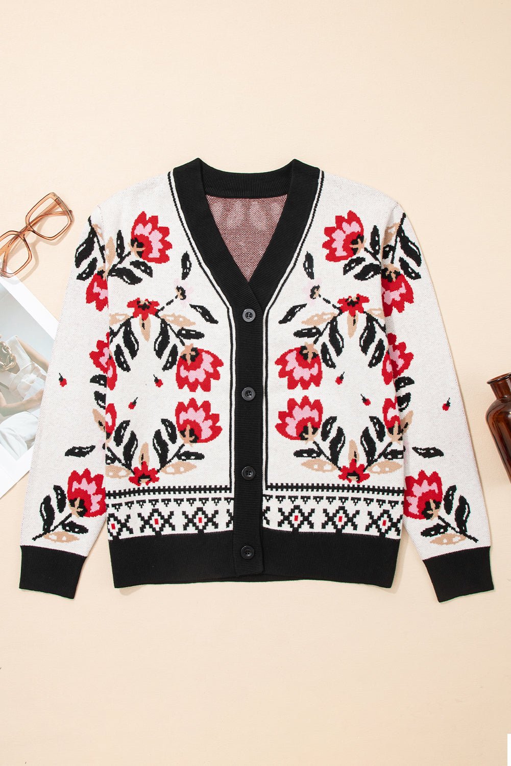 Beige Floral Print Button Front V Neck Contrast Trim Cardigan