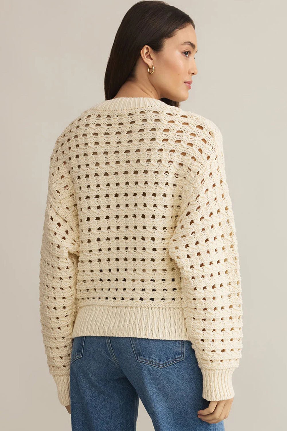 Beige Hollowed Pattern Knit Zip Up Drop Shoulder Cardigan