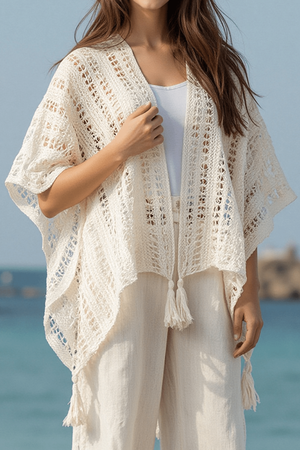 Beige Solid Color Tassel Open Front Knit Cover Up