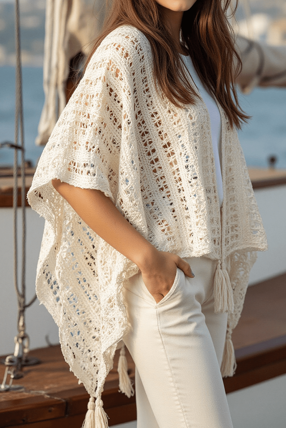 Beige Solid Color Tassel Open Front Knit Cover Up