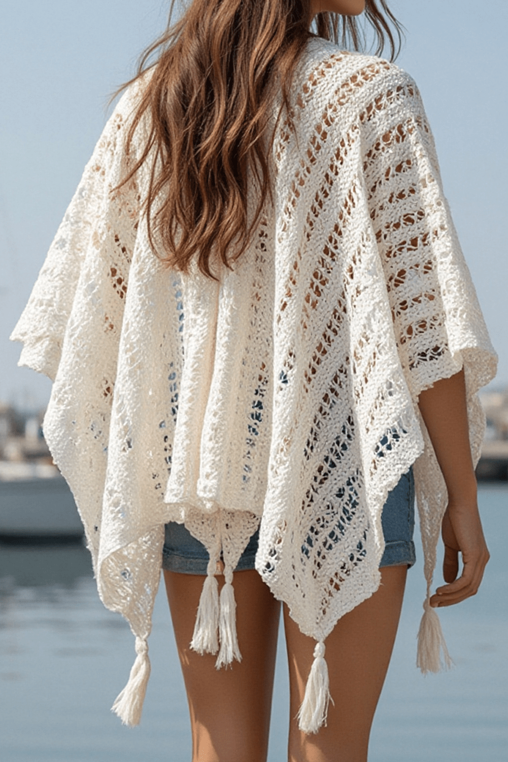 Beige Solid Color Tassel Open Front Knit Cover Up