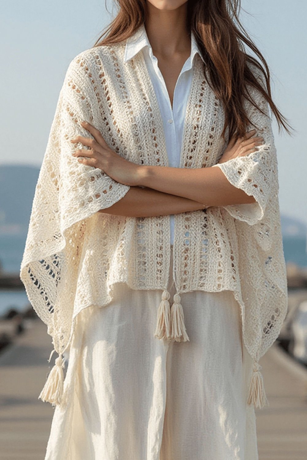 Beige Solid Color Tassel Open Front Knit Cover Up