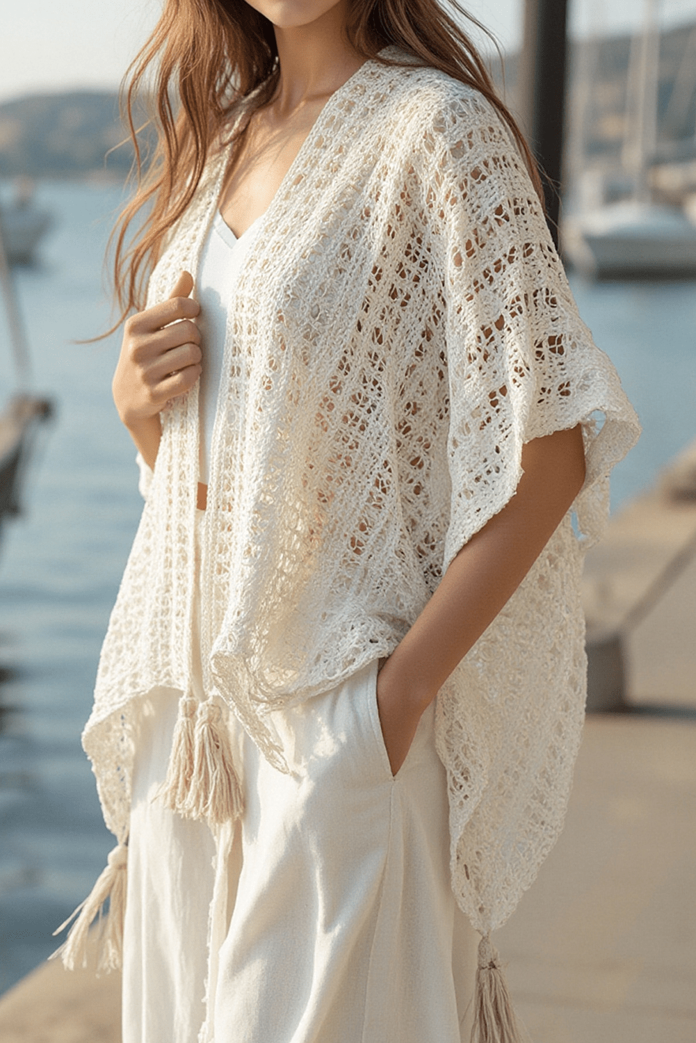 Beige Solid Color Tassel Open Front Knit Cover Up