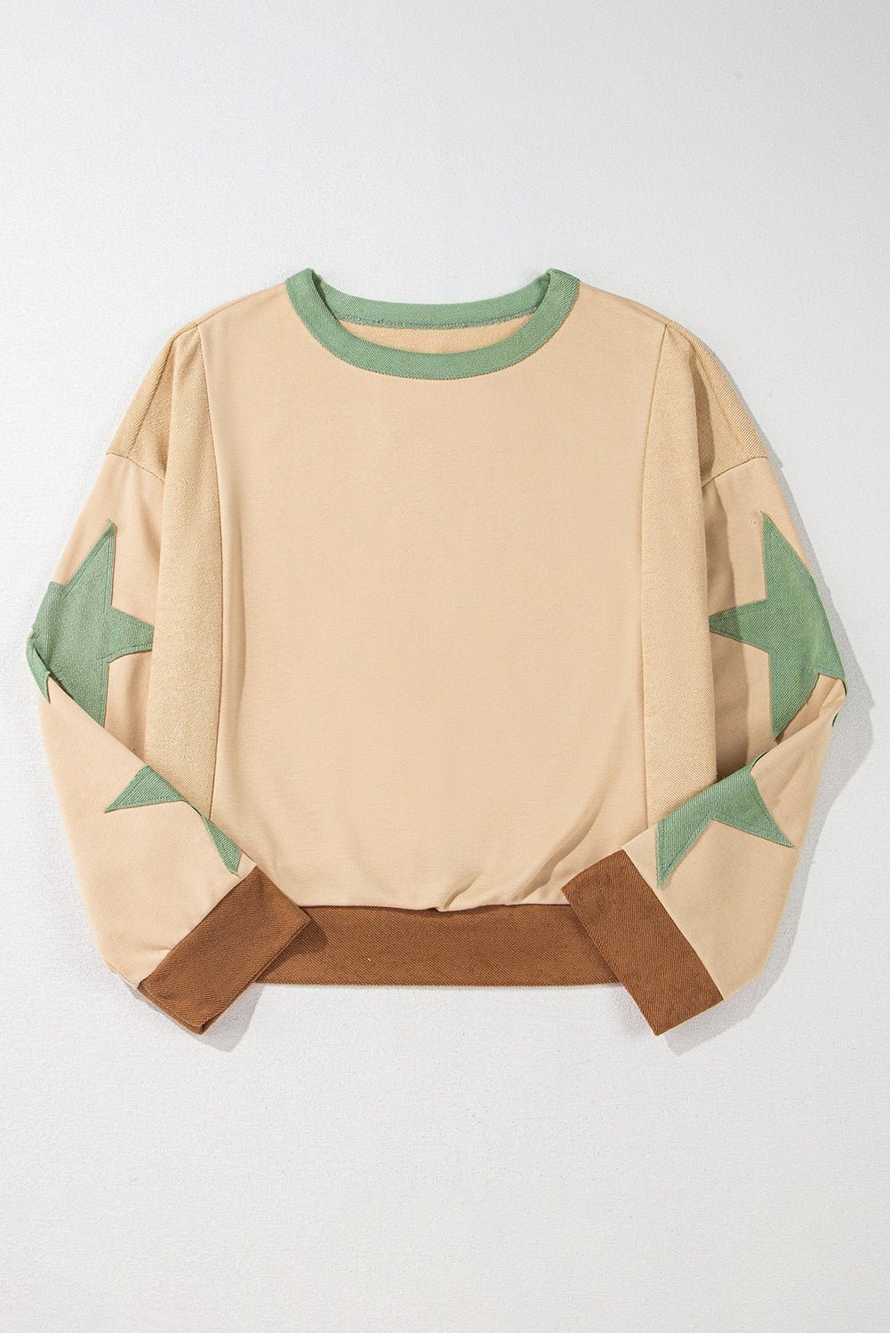 Beige Star Patchwork Exposed Seam Oversized Sweatshirt