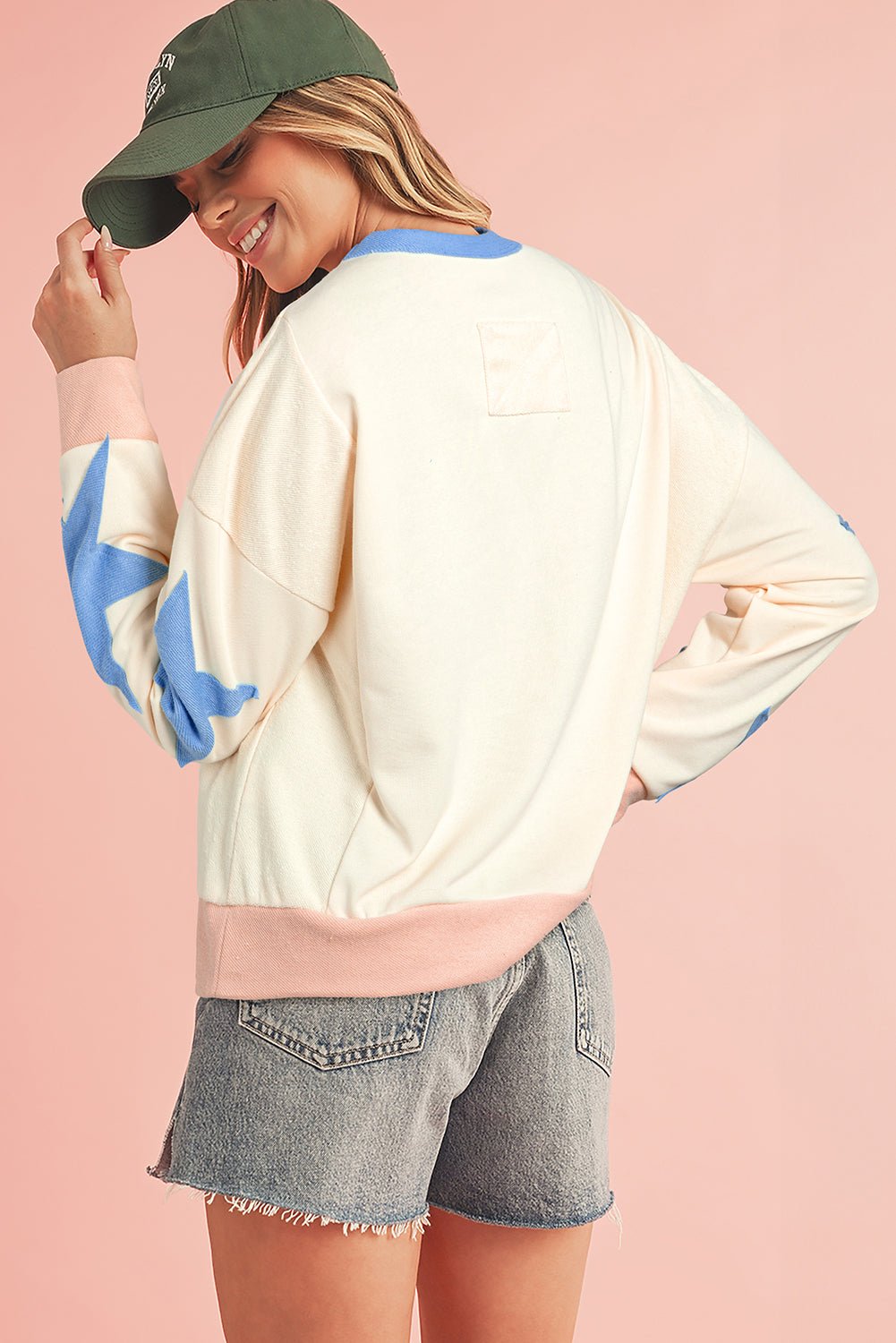 Beige Star Patchwork Exposed Seam Oversized Sweatshirt