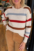 Beige Stripe Exposed Seam Drop Shoulder Heathered Knit Sweater