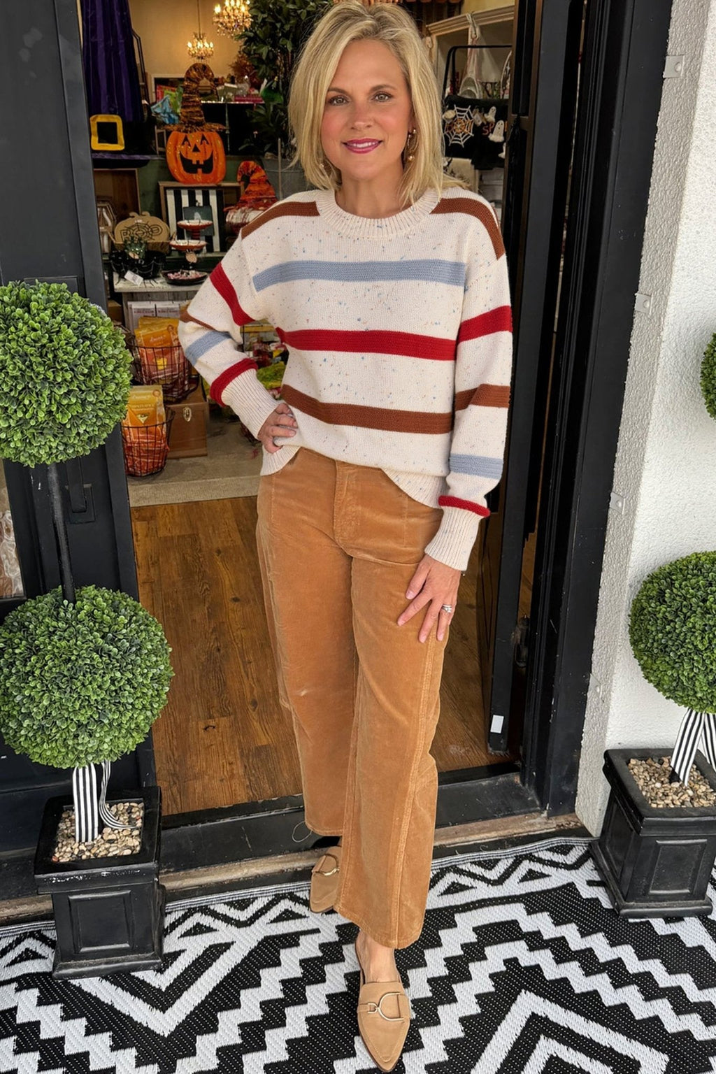 Beige Stripe Exposed Seam Drop Shoulder Heathered Knit Sweater