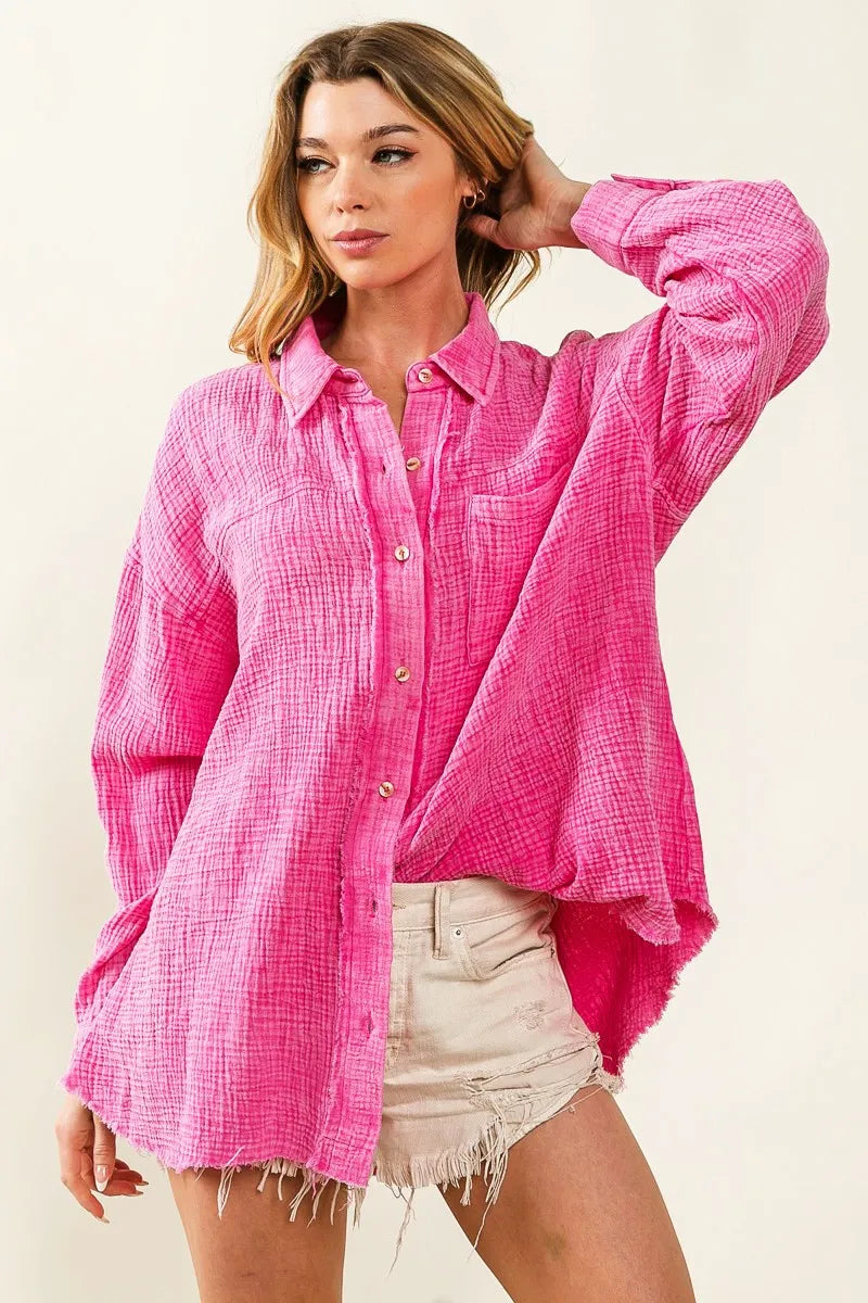 Raw Edge Detailed Mineral Washed Loose Fit Shirt