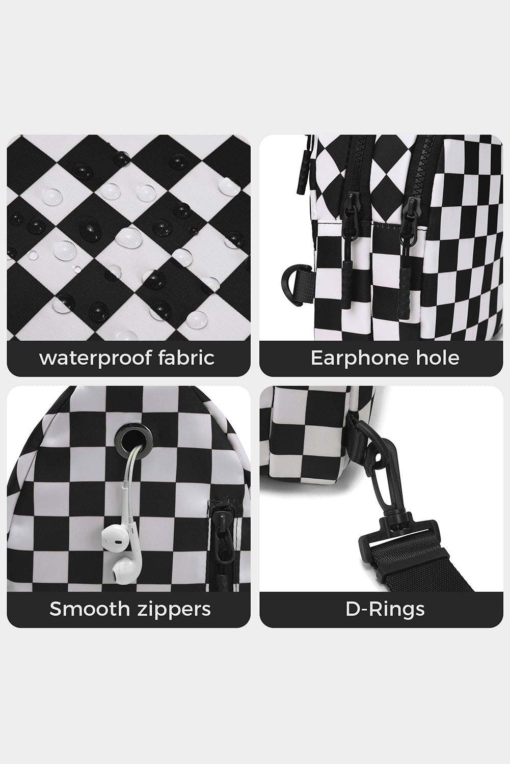 Black Checkered Print Zip Front Crossbody Bag